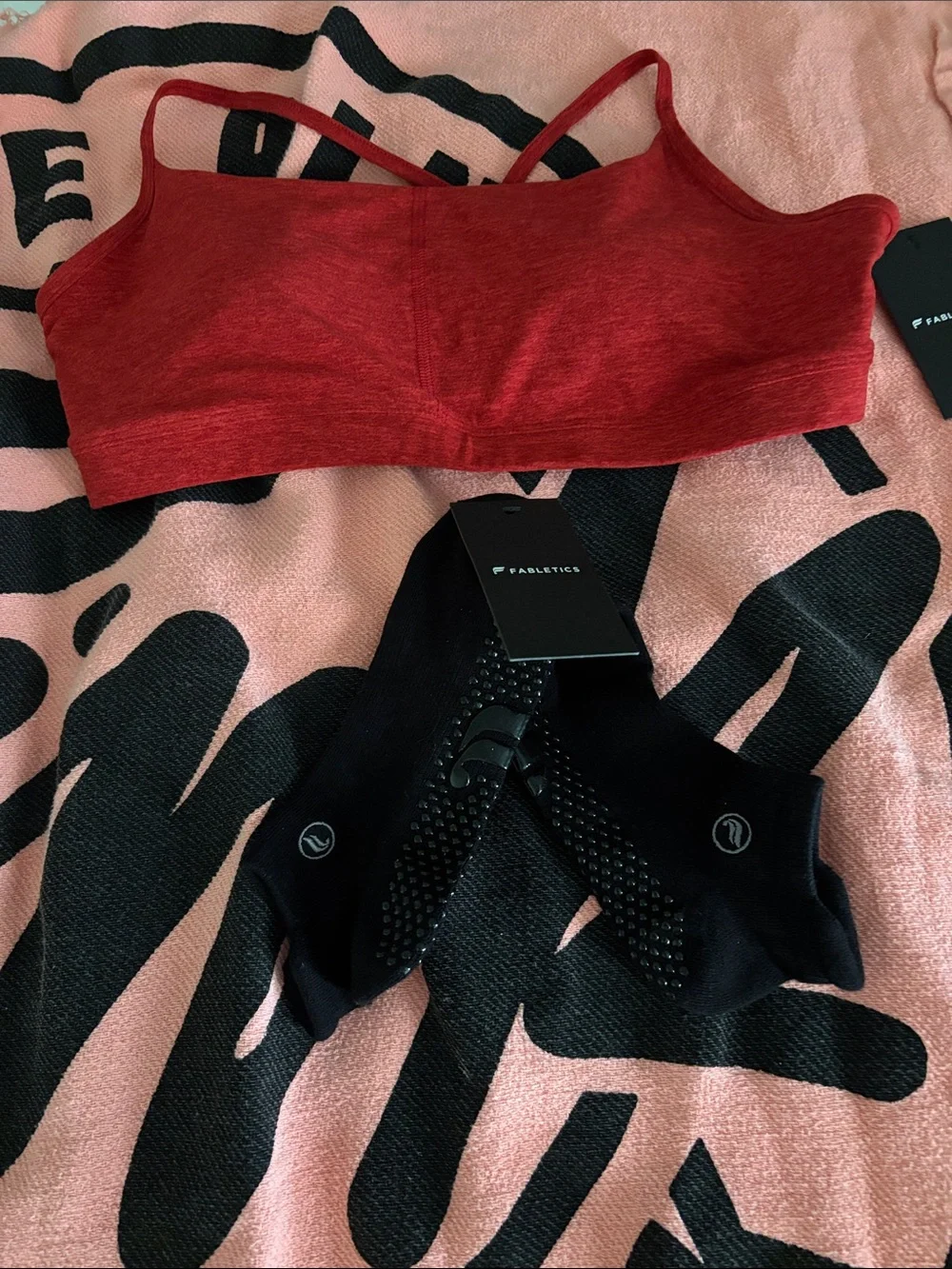 Fabletics Red Seamless Crop Bralette with Black Grip Ankle Socks
